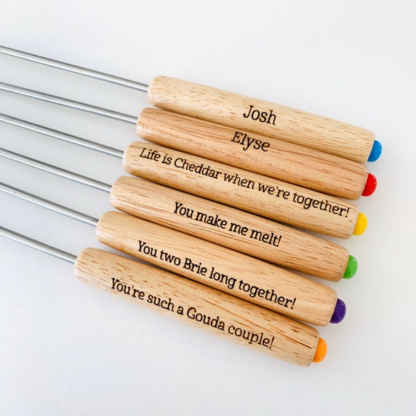 Fondue Forks Personalized | 6 Skewers Sticks | Wood Colored Handle Gift