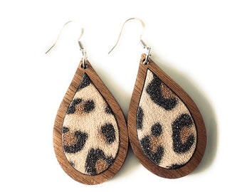 Leopard Print Earrings, Vegan Leather & Wood Walnut Teardrop Faux Dangle Earrings