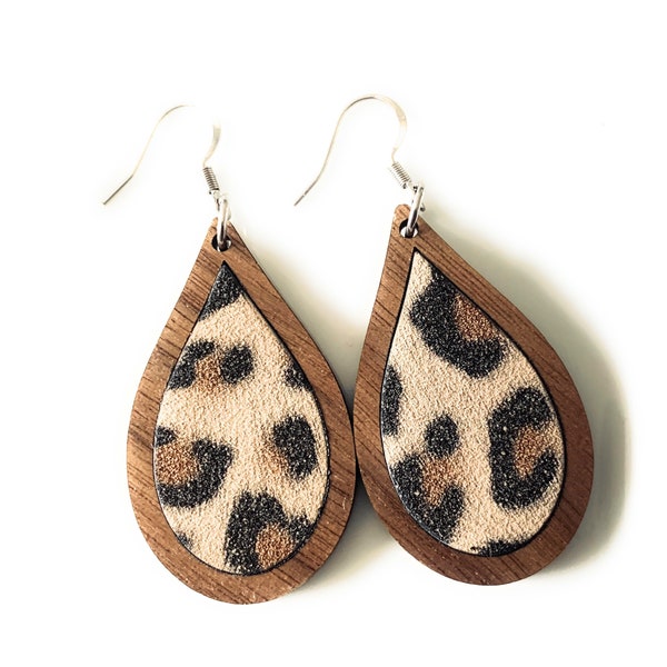 Leopard Print Earrings, Vegan Leather & Wood Walnut Teardrop Faux Dangle Earrings