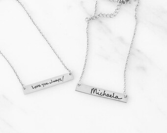 Handwriting on Bar Necklace, Stainless Steel, Gold or Silver
