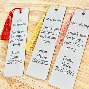 Bookmark, Personalized White Metal, Custom Wording, Teacher Principal Gift, Engraved with Tassel image 2