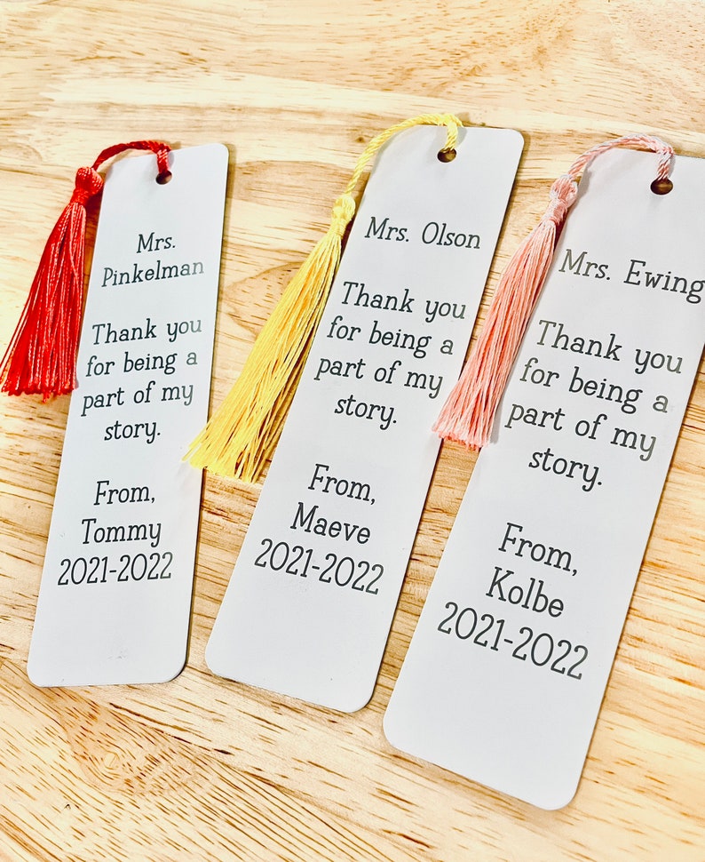 Bookmark, Personalized White Metal, Custom Wording, Teacher Principal Gift, Engraved with Tassel image 2