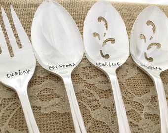 Serving Thanksgiving Serving Set Hand Stamped, 4 Pieces Vintage Silverplate Utensils. Flower Time