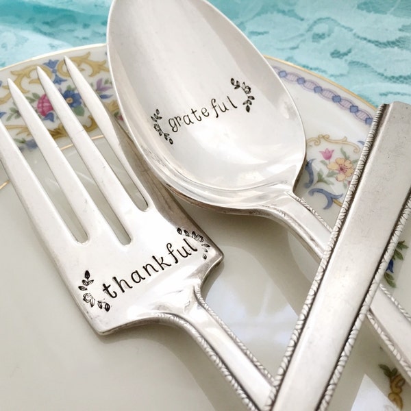 Blessed , thankful & grateful, Hand Stamped serving fork and spoons. vintage set