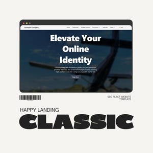 以下が含まれることがあります： 「Elevate Your Online Identity」というテキストが表示された、コンピューター画面上のウェブサイトのモックアップ。その下には「Contemporary web foundation perfect for SaaS platforms...」というテキストが表示されています。「HAPPY LANDING CLASSIC」という言葉が下に表示されています。