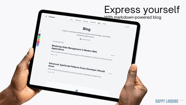 May include: A black tablet displaying a blog page with the text "Express yourself with markdown-powered blog." The blog features articles on web development and TypeScript patterns. The tablet is held by hands.