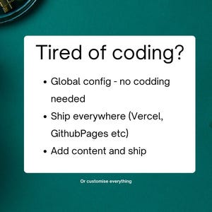 May include: A teal-colored workspace with a white rectangle containing the text "Tired of coding?" and bullet points about global config, shipping, and adding content. A cup of coffee and a small plant are visible.
