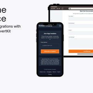 May include: A smartphone and tablet display a website and a mobile app signup form. The phone shows a dark-themed app interface with a subscription button. The tablet displays a website form with fields for name, email, and message.