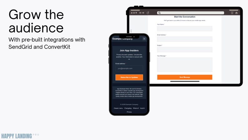 May include: A smartphone and tablet display a website and a mobile app signup form. The phone shows a dark-themed app interface with a subscription button. The tablet displays a website form with fields for name, email, and message.