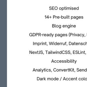 May include: A dark gray graphic with a diamond-shaped icon containing a hexagon. Text includes "SEO optimised", "14+ Pre-built pages", "Blog engine", and "Dark mode / Accent colors". The Happy Landing logo is in the bottom left.