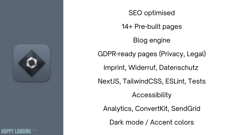 May include: A dark gray graphic with a diamond-shaped icon containing a hexagon. Text includes "SEO optimised", "14+ Pre-built pages", "Blog engine", and "Dark mode / Accent colors". The Happy Landing logo is in the bottom left.