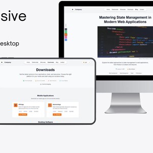 May include: A digital design concept showcasing responsive design across multiple devices. The image displays a desktop monitor, a tablet, and a smartphone, each displaying a website interface. Text on the screen includes "Responsive design" and "Downloads."