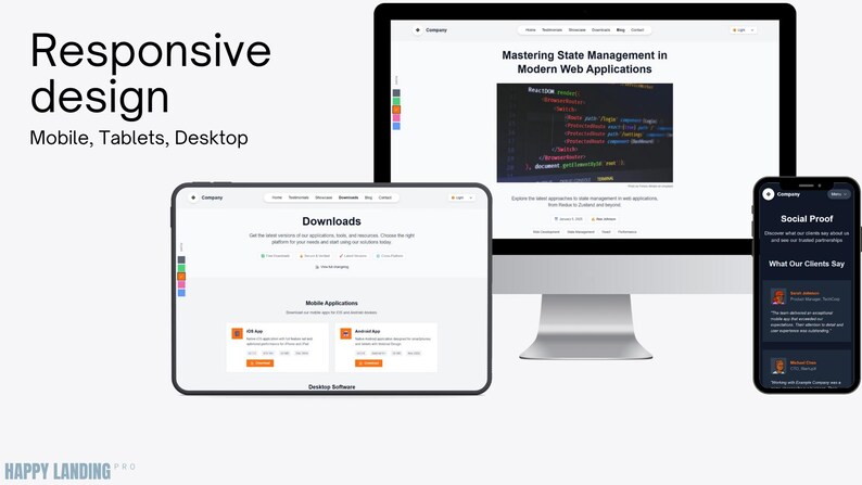 May include: A digital design concept showcasing responsive design across multiple devices. The image displays a desktop monitor, a tablet, and a smartphone, each displaying a website interface. Text on the screen includes "Responsive design" and "Downloads."