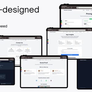 May include: Image of multiple digital tablets displaying website pages. The text reads "14+ Pre-designed pages. Enough for every need." The tablets show various website layouts, including pricing plans, contact us, and app insights pages.