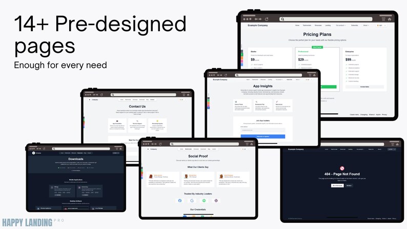 May include: Image of multiple digital tablets displaying website pages. The text reads "14+ Pre-designed pages. Enough for every need." The tablets show various website layouts, including pricing plans, contact us, and app insights pages.
