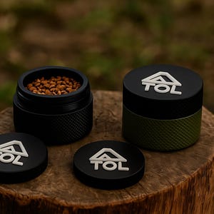 Puede incluir: Un conjunto de recipientes negros y verdes con logotipos blancos "TOL". Uno de los recipientes está abierto, revelando contenido marrón. Los recipientes están sobre una superficie de madera, con un fondo verde borroso.