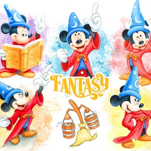 May include: A collection of five illustrations of Mickey Mouse wearing a blue wizard hat with stars and moons and a red robe, alongside a broom carrying two wooden buckets. The word FANTASY is written in large yellow letters in the center.