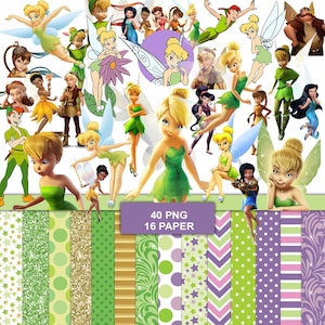 May include: A collection of Tinkerbell-themed digital art elements. The image features various illustrations of Tinkerbell and other characters, along with patterned papers in shades of green, gold, and purple. Text on the image reads "40 PNG 16 PAPER."
