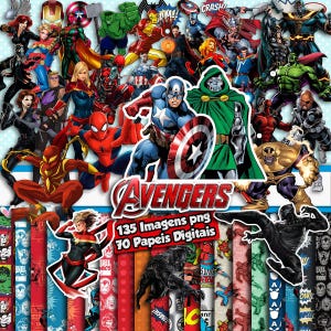 Puede incluir: Una colección digital que presenta numerosos personajes de cómics de Marvel, incluidos Capitán América, Doctor Doom, Spider-Man y Black Panther. La imagen muestra el texto Avengers, 135 Imagens png y 70 Papeis Digitais sobre un collage de héroes.