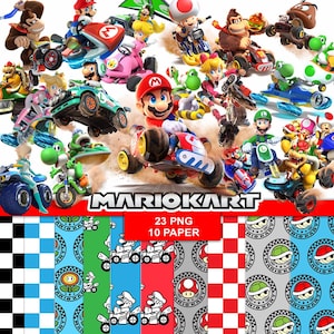 Pode incluir: Uma coleção digital com personagens de Mario Kart como Mario, Luigi, Peach e Donkey Kong em karts de corrida, com o texto MARIOKART, 23 PNG e 10 PAPER. Abaixo, vários padrões incluindo designs xadrez e ícones circulares com itens.