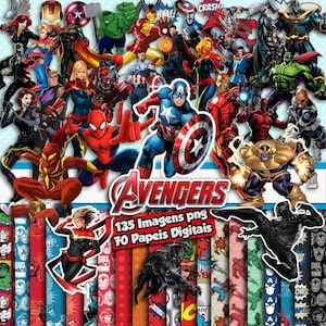 Könnte beinhalten: Eine farbenfrohe Collage mit verschiedenen Avengers-Charakteren, darunter Captain America und Spider-Man. Das Wort "AVENGERS" ist prominent, mit Text, der 135 PNG-Bilder und 70 digitale Papiere angibt. Der Hintergrund zeigt Comic-Muster.