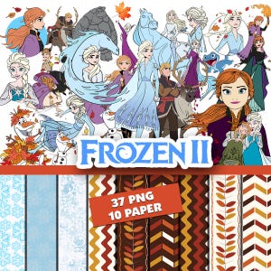 Può includere: Una collezione di arte digitale con i personaggi del film "Frozen II". L'immagine include illustrazioni di Elsa, Anna, Olaf e altri personaggi, insieme a carte digitali decorate. Il testo "Frozen II" è ben visibile.