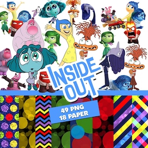 May include: Digital artwork featuring characters from the animated film "Inside Out." The image showcases various characters in different poses, alongside the film's title. A banner at the bottom indicates the availability of 49 PNG files and 18 paper options.