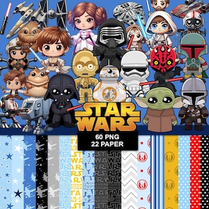 May include: A digital collection featuring Star Wars characters in a chibi art style, including Darth Vader, Yoda, and C-3PO, alongside various starships. The image displays the text STAR WARS, 60 PNG, and 22 PAPER, with a series of patterned backgrounds.
