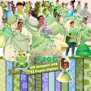 May include: A collection of digital art featuring characters and elements from Disney's "The Princess and the Frog." The images include Princess Tiana in a green gown, Prince Naveen, frogs, and decorative patterned backgrounds. The text reads "50 Images png 12 Papeis Digitais."