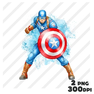 Pode incluir: Ilustração em aquarela do Capitão América em uma pose dinâmica, segurando seu escudo icônico. O personagem é retratado em um traje azul e vermelho com um emblema de estrela. O fundo apresenta respingos de aquarela azul e listras brancas diagonais. Inclui o texto "2 PNG 300DPI".