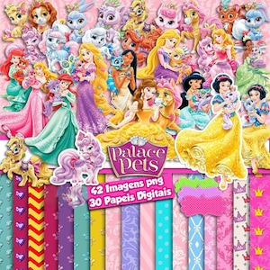 Pode incluir: Uma coleção digital com princesas da Disney e personagens Palace Pets em várias cores, com o texto Palace Pets, 42 Imagens png e 30 Papeis Digitais. O fundo consiste em faixas verticais estampadas em tons de rosa, amarelo e azul.