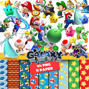 Pode incluir: Uma coleção digital com personagens de Mario Galaxy incluindo Mario, Luigi, Yoshi, Peach, Rosalina e Toad, juntamente com várias estrelas e inimigos. O conjunto inclui 44 ficheiros PNG e 11 papéis estampados com motivos de tijolos, cogumelos e estrelas.