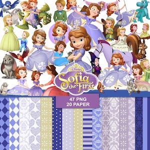 Pode incluir: Uma coleção digital com personagens de Sofia a Primeira, incluindo Sofia em várias poses, um unicórnio roxo, um dragão verde e animais da floresta, junto com 20 papéis estampados em tons de roxo, azul e branco com 47 arquivos PNG.