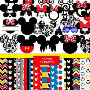Puede incluir: Una colección digital de 57 archivos PNG y 12 patrones de papel con siluetas de cabezas de ratón negras, lazos rojos de lunares, contornos de castillos, iconos de Star Wars y rayas geométricas con el texto 57 PNG 12 PAPER.