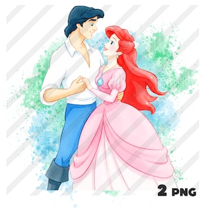 May include: A watercolour illustration of a couple in a romantic embrace. The woman has long red hair and wears a pink gown with a blue pendant. The man wears a white shirt and blue trousers. The background features blue and green watercolour splashes.