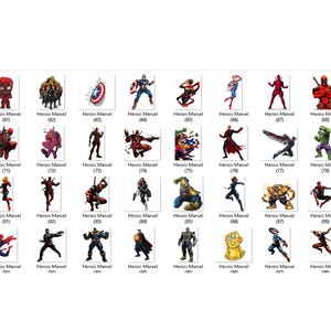 May include: A grid of forty individual Marvel character illustrations, each labeled with the text 'Herois Marvel' and a unique number from 60 to 99. The collection features various superheroes and villains in dynamic poses, rendered in vibrant colors.