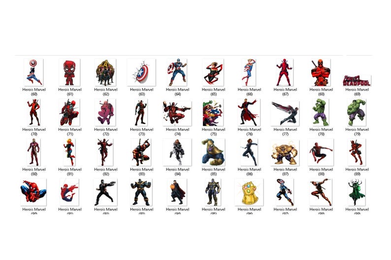 May include: A grid of forty individual Marvel character illustrations, each labeled with the text 'Herois Marvel' and a unique number from 60 to 99. The collection features various superheroes and villains in dynamic poses, rendered in vibrant colors.