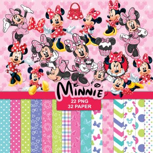 May include: A digital collection featuring multiple illustrations of Minnie Mouse in various poses, wearing her signature polka dot dresses and bows, alongside a set of colorful patterned papers with stripes, dots, and floral motifs, labeled 22 PNG 32 PAPER.