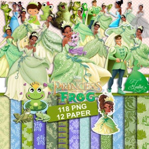 Pode incluir: Uma coleção digital de 118 imagens PNG e 12 papéis estampados com personagens de A Princesa e o Sapo, incluindo Tiana em vários vestidos verdes, um príncipe, sapos e uma pequena criatura roxa, com o texto do título do filme.