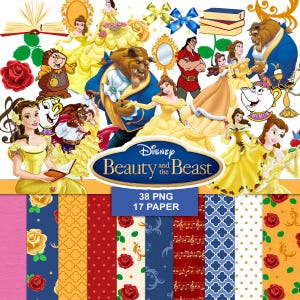 Puede incluir: Una colección de arte digital con personajes y elementos de "La Bella y la Bestia" de Disney. La imagen incluye ilustraciones de Bella, la Bestia y otros personajes, junto con papeles estampados y el título de la película.