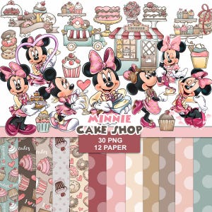 Pode incluir: Uma coleção digital de ilustrações da Minnie Mouse com bolos, cupcakes, donuts, um caminhão de padaria e uma loja com o texto Confeitaria. Inclui 30 arquivos PNG e 12 papéis estampados com bolinhas e doces, rotulada como Minnie Cake Shop.