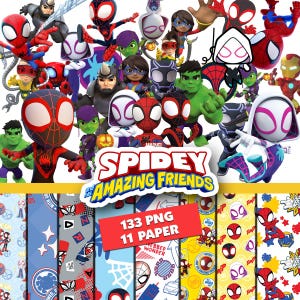 May include: A digital collection featuring Spidey and His Amazing Friends characters including Spider-Man, Ghost-Spider, Hulk, and Iron Man, with 133 PNG files and 11 paper patterns displayed in a grid, showcasing various superhero graphics.