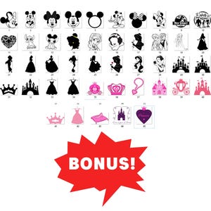May include: A collection of forty-five numbered black, pink, and purple graphic decals featuring various cartoon characters, castles, crowns, dresses, and carriages, with a large red starburst shape at the bottom containing the white text BONUS!