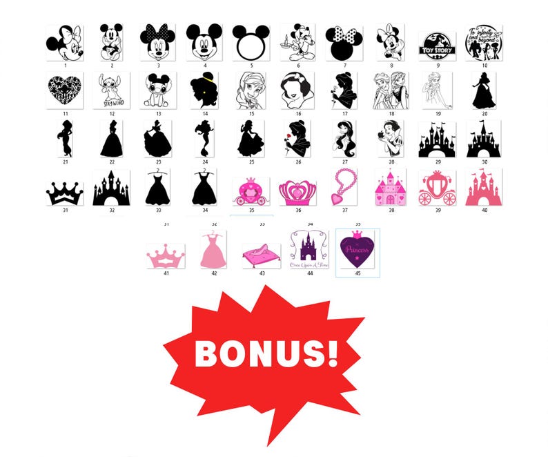 May include: A collection of forty-five numbered black, pink, and purple graphic decals featuring various cartoon characters, castles, crowns, dresses, and carriages, with a large red starburst shape at the bottom containing the white text BONUS!
