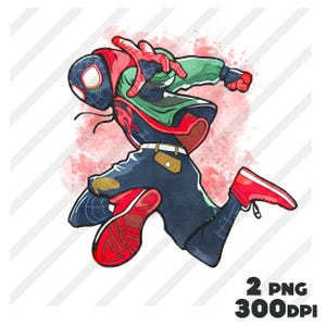 Pode incluir: Ilustração dinâmica de um super-herói em pose de salto. O personagem usa um traje preto e vermelho, uma jaqueta verde, calças azuis e tênis vermelhos. O fundo apresenta um efeito de respingo vermelho e linhas brancas diagonais. Texto: "2 PNG 300DPI."