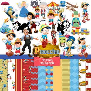 May include: A digital collection featuring Pinocchio characters including Jiminy Cricket, Geppetto, Figaro, and Cleo, alongside a carousel, toy train, and aeroplane. The set includes 33 PNG images and 30 patterned papers with stripes, chevrons, and diamonds.