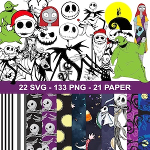 Pode incluir: Uma coleção digital de 22 arquivos SVG, 133 PNG e 21 papéis com personagens e padrões de The Nightmare Before Christmas, incluindo Jack Skellington, Sally, Oogie Boogie e Zero, com o texto 22 SVG - 133 PNG - 21 PAPER.