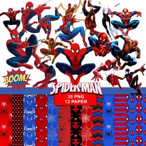 Puede incluir: Una colección de elementos de arte digital con temática de Spider-Man. La imagen presenta múltiples ilustraciones de Spider-Man en varias poses de acción, junto con papeles estampados en rojo, azul y negro. El texto incluye "BOOM!" y "SPIDER-MAN 35 PNG 12 PAPER."