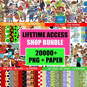May include: A digital shop bundle featuring a large collection of animated character illustrations, patterned backgrounds, and graphic designs. The central pink and green text box reads LIFETIME ACCESS SHOP BUNDLE 20000+ PNG + PAPER.