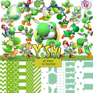 May include: A collection of Yoshi-themed digital graphics. The image features various illustrations of Yoshi in different poses, along with patterned papers in shades of green and white. Text on the image reads "Yoshi", "25 PNG", and "12 PAPER".